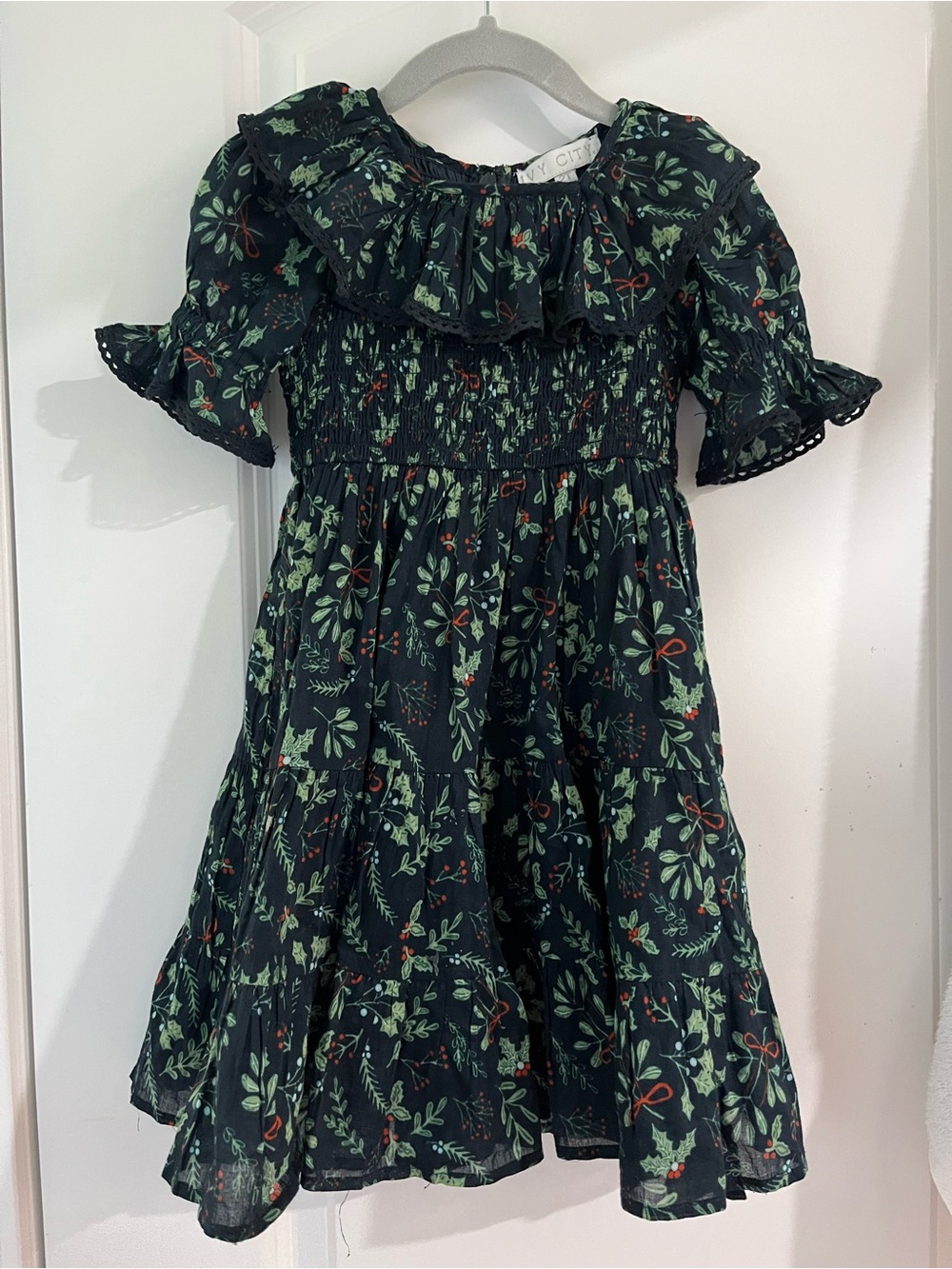 Ivy City Co Dark Green Floral Ruffle Smocked Dress with Red Accents